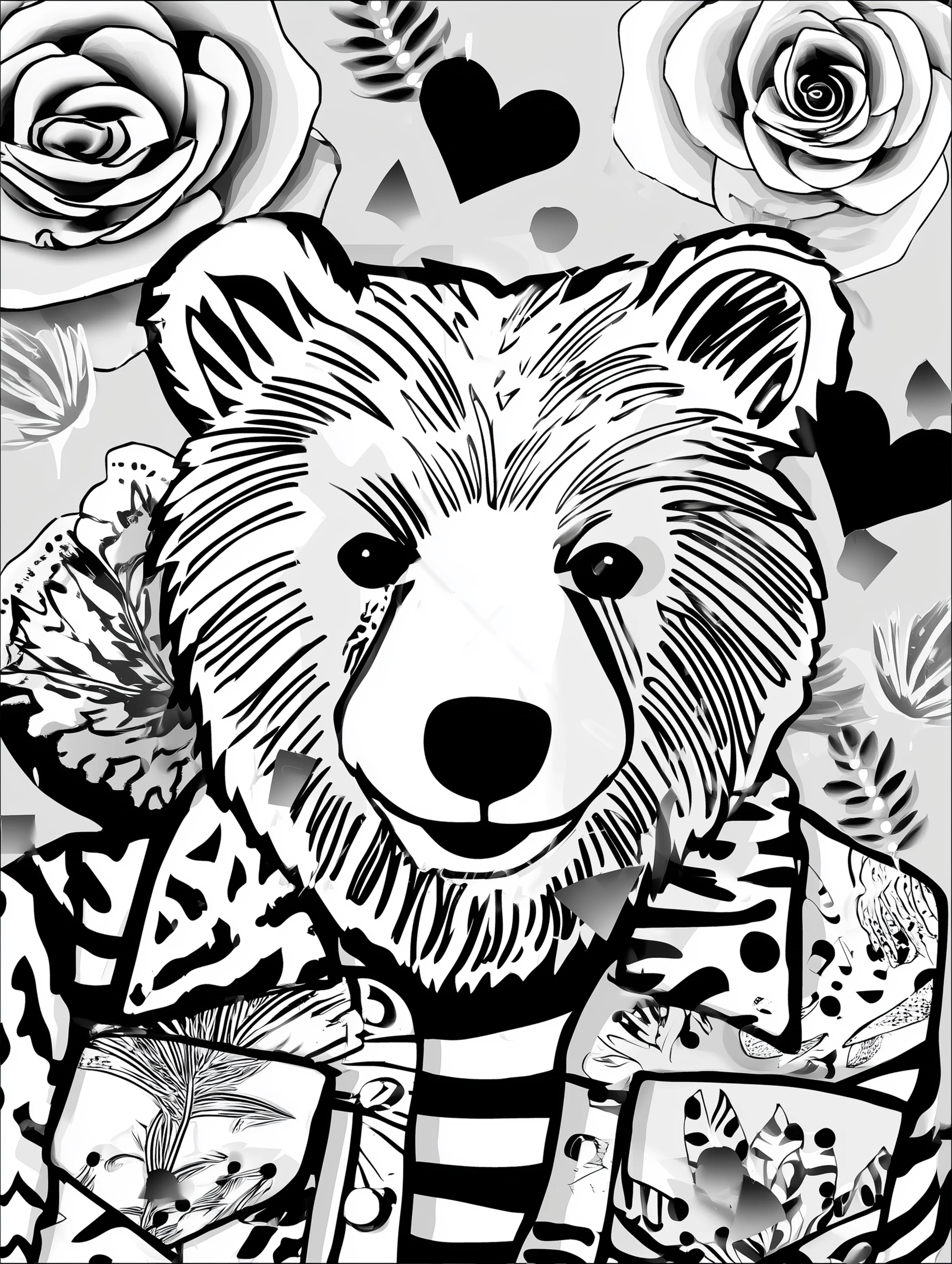 Free printable bear coloring book page featuring a bear wearing a zebra collar